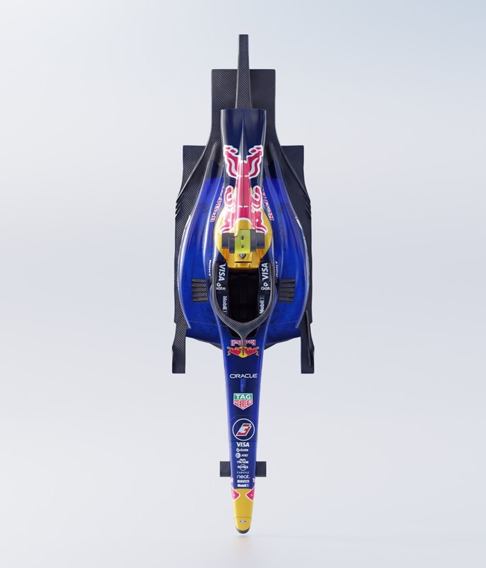 A 3D-printed Red Bull Formula 1 car model seen from directly above.