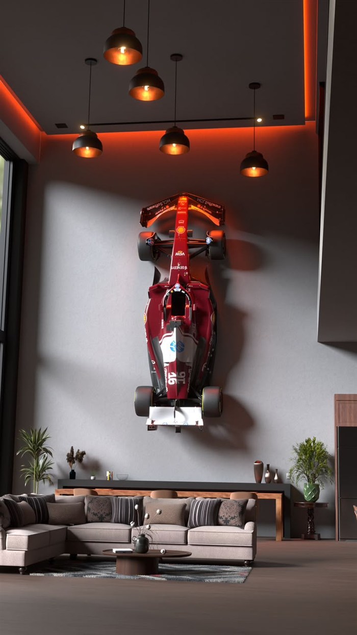 A 3D-printed Formula 1 car mounted on a lounge wall.