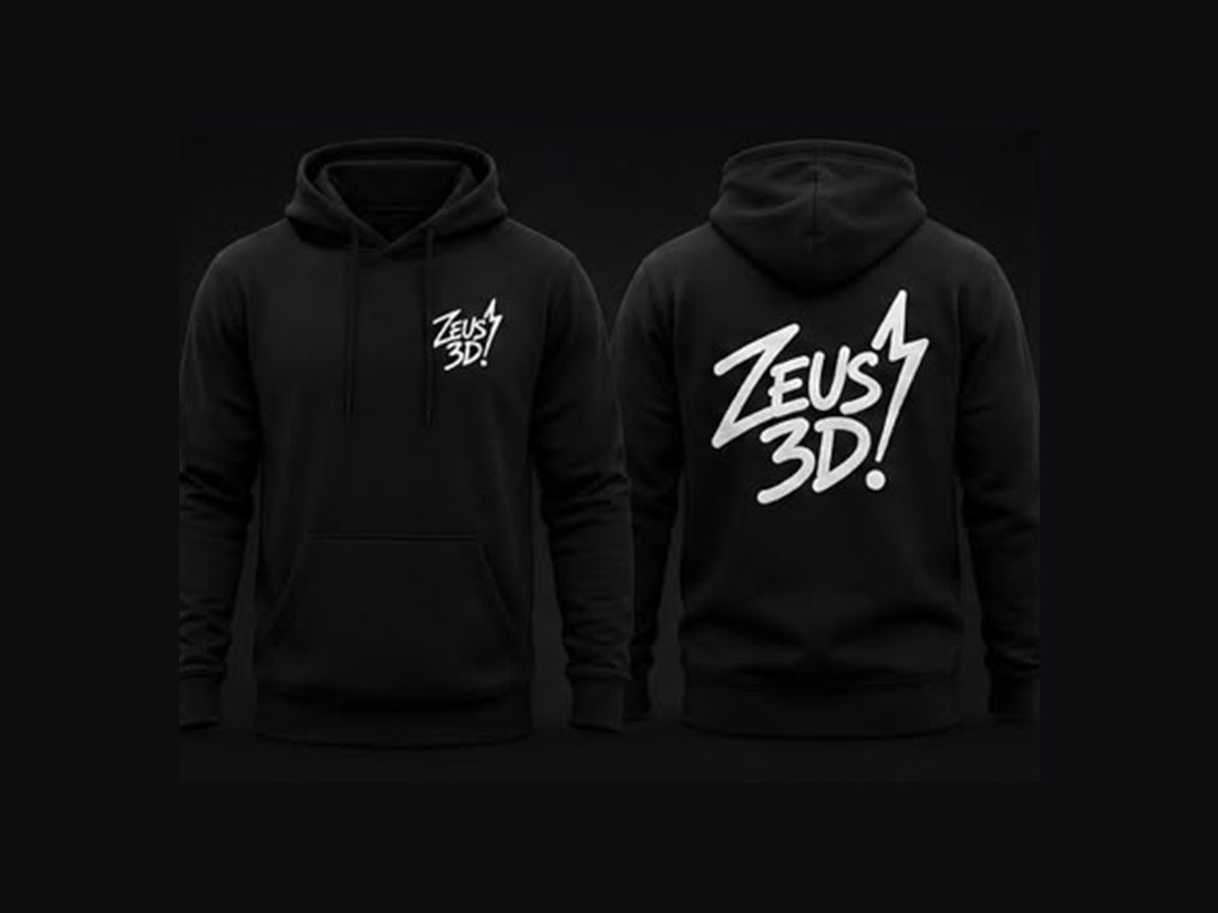 Black Zeus 3D hoodie shown front and back, with a small chest mark and a large back print.