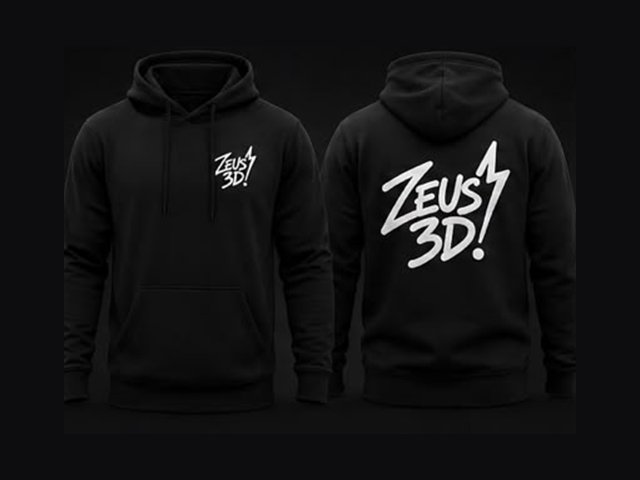 Black Zeus 3D hoodie shown front and back, with a small chest mark and a large back print.