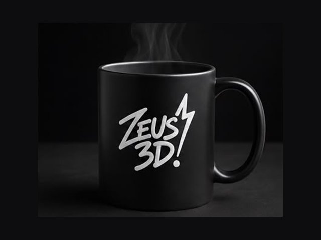 Matte black Zeus 3D ceramic mug with the white logo on the side.
