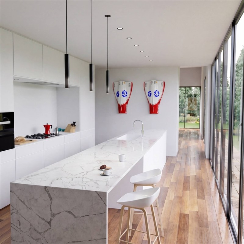 Two 3D-printed Formula 1 nose cones mounted in a modern kitchen.